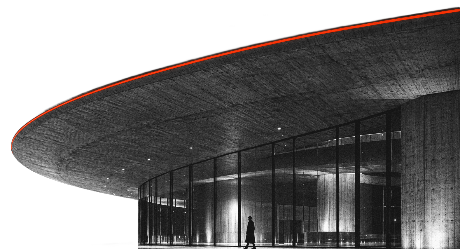 Recorte do pavilhão de concreto com cobertura curva e da pessoa caminhando, sem fundo.